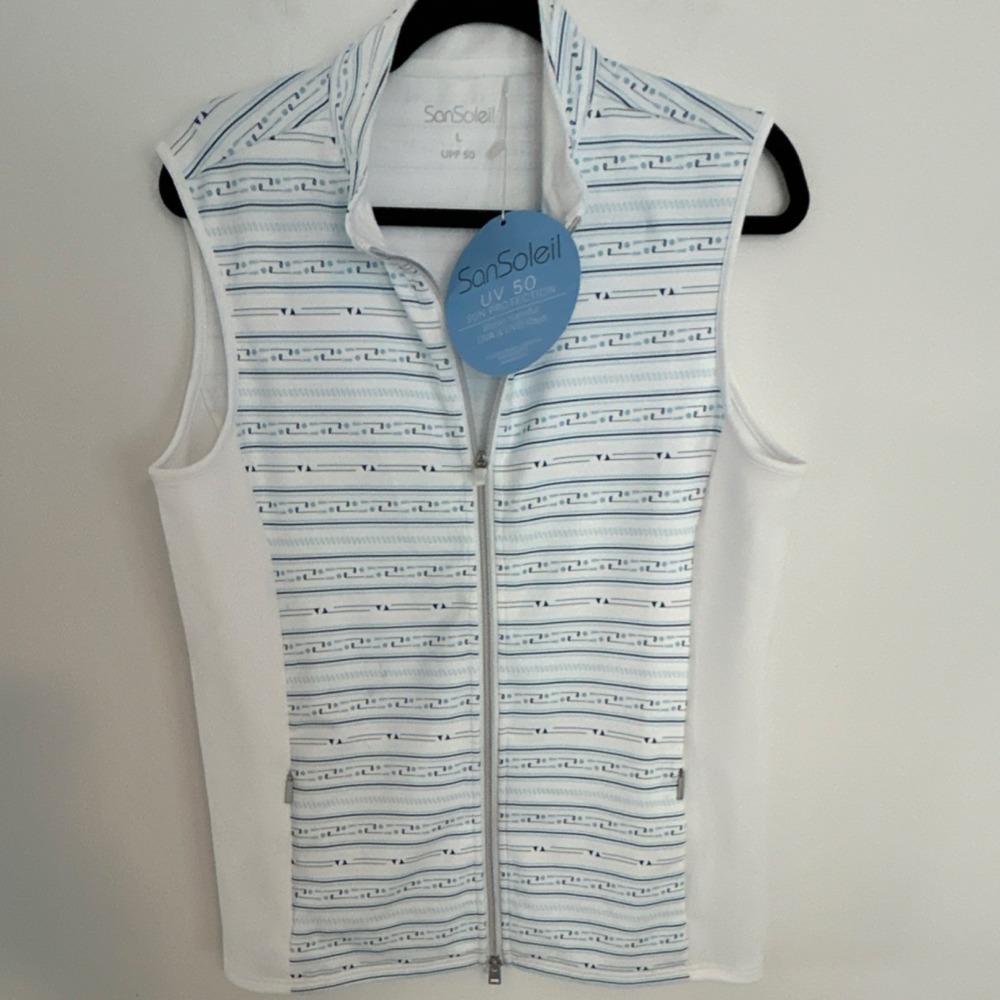 SanSoleil UV 50 Women's Sleeveless Full Zip Golf Shirt White Blue Stripe L